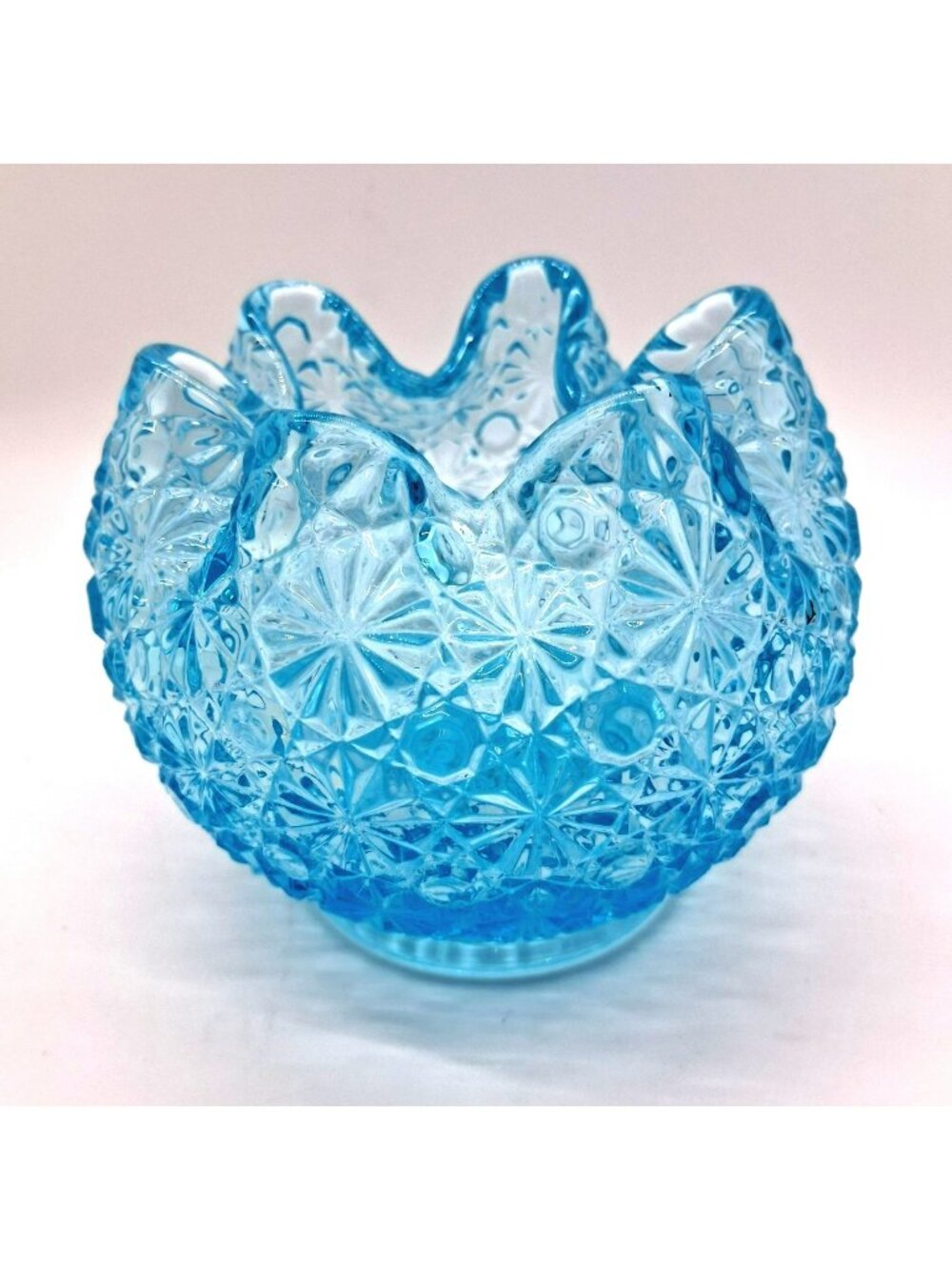 Vintage Fenton for L.G. Wright Light Blue Daisy and Button Crimp Candy Bowl Dish